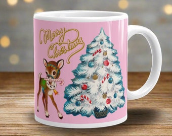 Christmas Mug Merry Christmas Reindeer Mug White Teal Tree Pink Mid Century Retro Christmas Print Unique Kitschy Cute Gift For Her Friend