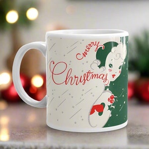 Wesołych Świąt Kubek Dama Midcentury Retro Vintage Ceramiczny Kubek Do Kawy Gospodyni Domowej Unikalny Przytulny Uroczy Zimowy Sezon Świąteczny Prezent Dla Niej Dla Niego Holly
