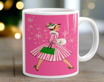 Christmas Mug Pink Lady Retro Housewife Snow Vintage Ceramic Glossy Coffee Cup Unique Cozy Cute Gift For Friend Her Kitchen Kitsch Drinkware