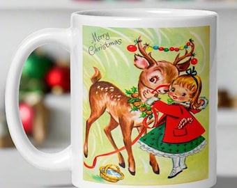 Christmas Mug Girl Reindeer Holly Wreath Midcentury Retro Vintage Ceramic Cup Unique Kitsch Cozy Cute Winter Holiday Gift For Him Her Drink