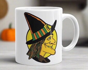 Witch Halloween Mug, Retro Halloween Cup, Glossy Yellow Ceramic Glossy Coffee Mug, Spooky Witch Halloween Mug, Cozy Kitsch Unique Gift