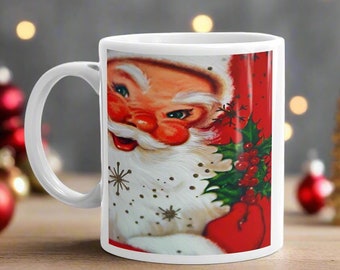 Mid Century Santa Mug: Retro Christmas Coffee Cup with Mistletoe