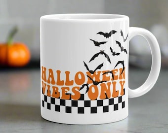 Halloween Mug Halloween Vibes Only Flying Bats Retro Checkered Glossy Ceramic Coffee Cup Unique Spooky Cute Gift For Friend Gothic Decor