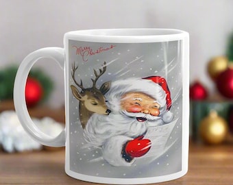 Retro Santa & Reindeer Christmas Mug - Mid-Century Holiday Coffee Cup