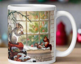 Christmas Mug Christmas Squirrels Winter Mid Century Retro Vintage Ceramic Coffee Cup Woodland Unique Cozy Cute Snow Winter Holiday Gift For