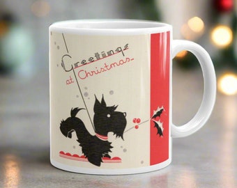 Retro Christmas Scottie Dog Mug: Midcentury Holiday Ceramic Coffee Cup