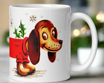 Retro Dachshund Christmas Mug, Mid-Century Wiener Dog Gift