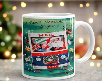 Retro Santa Mail Truck Mug, Midcentury Christmas Coffee Cup