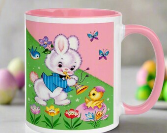 Easter Bunny Mug Retro Vintage Midcentury 1950s Cozy Unique Cute Spring Gift For Him Her Pastel Basket Decor Ceramic Coffee Cup Drinkware