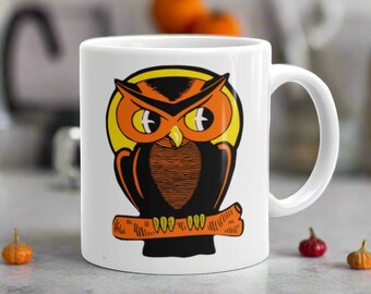 Halloween Mug Orange Owl Yellow Moon Retro Vintage Ceramic Glossy Coffee Cup Unique Cozy Spooky Cute Gift For Friend Him Her Fall Autumn