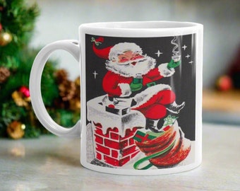 Mid-Century Santa Christmas Mug, Retro Holiday Coffee Cup