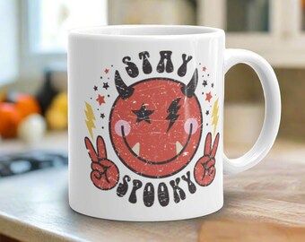 Halloween Mug Stay Spooky Cute Devil Peace Sign Distressed Style Glossy Ceramic Coffee Cup Unique Spooky Cute Gift For Friend Decor