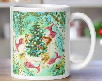 Christmas Mermaids Under The Sea Around The Christmas Tree Cofee Mug Vintage Mid Century Retro Christmas Ceramic Cup Unique Cute Kitsch Gift