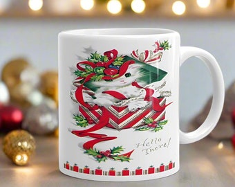 Midcentury Kitten Christmas Mug, Retro Cat Lover Gift