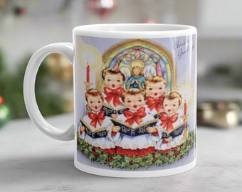 Vintage Christmas Mug: Children's Choir, Angel, Holiday Greetings