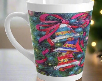 Christmas Bells Mug Mod Retro Vintage Ceramic Coffee Mug Cup Unique Cozy Cute Winter Holiday Gift For Her Him Friend Pink Bow Pine Lights