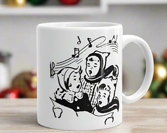 Singing Children Christmas Mug Carolers Music Notes Midcentury Retro Vintage Ceramic Coffee Cup Unique Cozy Cute Winter Holiday Gift For Her