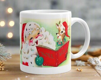 Vintage Santa & Reindeer Mug: Midcentury Noel Christmas Coffee Cup