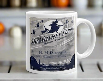 Retro Halloween Mug The Witches Flight Ceramic Coffee Cup Vintage Unique Spooky Cute Gothic Gift For Witchy Friend Sheet Music Illustration