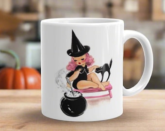 Halloween Mug Pink Witch Black Cat Calderon Retro Vintage Midcentury Ceramic Glossy Cup Unique Spooky Cute Gift For Friend Her Fall Decor