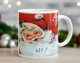 Retro Santa Christmas Mug, Mid-Century Candy Cane Design