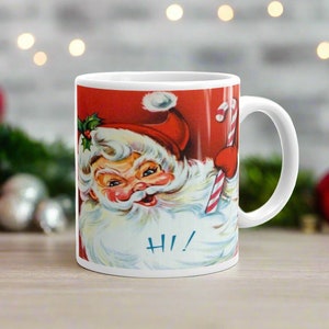 Tasse de Noël Bonjour ! Père Noël canne en bonbon rétro vintage Mid-Century tasse à café en céramique Unique confortable mignon cadeau pour un ami lui sa cuisine décoration kitsch