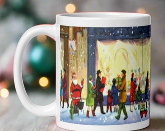 Christmas Mug Big City Scene Santa Shoppers Midcentury Retro Vintage Ceramic Coffee Cup Unique Cozy Cute Gift For Winter Holiday Him Her
