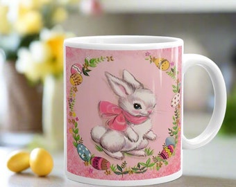 Spring Easter Bunny Mug 1950s Pink Retro Vintage Unique Cozy Cute Kitsch Spring Ceramic Cup Gift For Friend Her Egg Wreath Midecentury Art