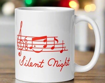 Christmas Mug Silent Night Ceramic Glossy Coffee Cup Sheet Music 1950s Mid Century Retro Unique Cozy Cute Holiday Gift For Him Her Teacher