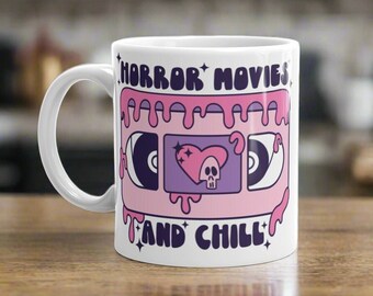 Halloween Mug | Horror Movies And Chill VHS Retro Ceramic Coffee Cup | Unique Spooky Cute Gift For Friendn | Pastel Gothic Drinkware |