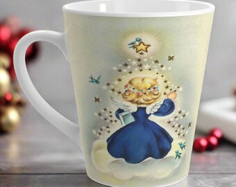 Retro Christmas Angel Mug Stars Cloud Bluebirds Wings Vintage Midcentury Latte Coffee Cup Unique Cozy Cute Winter Holiday Gift For Her Him
