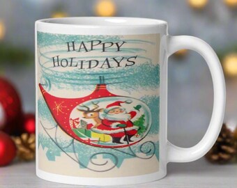 Santa Reindeer Christmas Mug Happy Holidays Helicopter Mid Century Retro Glossy Ceramic Cup Unique Cozy Cute Kitsch Gift For Her Him Holiday