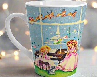 Angels Christmas Coffee Mug, Retro Holiday Cup, Singing Children, Vintage Winter Holiday Ceramic Coffee Cup, Midcentury Unique Cozy Cute