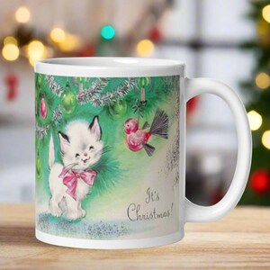 クリスマス 子猫 コーヒーマグ レトロ ミッドセンチュリー セラミック 猫マグ ピンク ユニーク 彼女 友達 ツリー への 心地良い かわいい ギフト ヴィンテージ ホーム キッチン ドリンクウェア