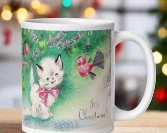 Christmas Kitten Coffee Mug Retro Mid Century Ceramic Cat Mug Pink Unique Cozy Cute Gift For Her Friend Tree Vintage Home Kitchen Drinkware