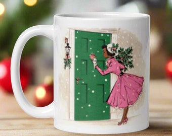 Midcentury Christmas Mug: Retro Housewife, Holly & Pine Design