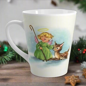 Retro Angel Christmas Mug Baby Deer Latte Coffee Cup Midcentury Vintage Unique Cozy Cute Ceramic Glossy Gift For Her Him Friend Drink Kitsch