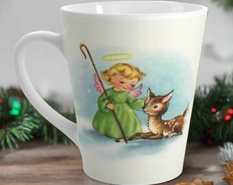 Retro Angel Christmas Mug Baby Deer Latte Coffee Cup Midcentury Vintage Unique Cozy Cute Ceramic Glossy Gift For Her Him Friend Drink Kitsch