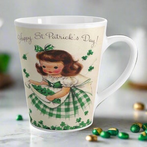 Happy St. Patrick&#39;s Day Latte Coffee Mug Midcentury Girl Retro Shamrocks Ceramic Glossy Cup Unique Cozy Cute Spring Gift For Him Her Irish
