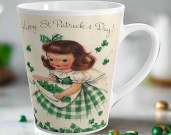 Happy St. Patrick's Day Latte Coffee Mug Midcentury Girl Retro Shamrocks Ceramic Glossy Cup Unique Cozy Cute Spring Gift For Him Her Irish