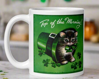 St. Patrick's Day Mug Coffee Cup Retro Vintage Midcentury Kitten Shamrock Leprechaun Hat Unique Cozy Cute Spring Holiday Gift For Her Him