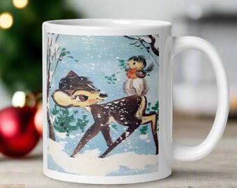 Woodland Winter Retro Christmas Mug Fawn Baby Deer Red Bird Snow Ceramic Coffee Cup Unique Cozy Cute Gift For Her Him Midcentury Vintage