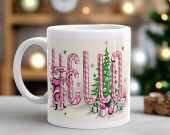 Pink Christmas Mug: Retro Santa, Candy Cane Design