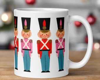 Retro Christmas Mug Toy Soldiers Midcentury Vintage Ceramic Glossy Cup Unique Cozy Cute Winter Holiday Kitsch Gift For Her Him Pink Blue Red