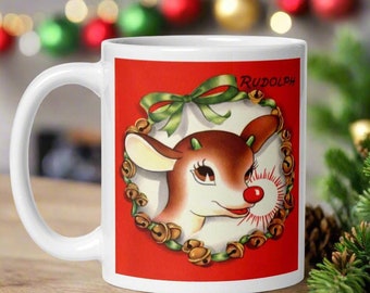 Rudolph The Red Nosed Reindeer Christmas Mug Midcentury Retro Vintage Ceramic Coffee Cup Unique Cozy Cute Winter Holiday Kitsch Gift For