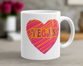 Boho Vegan Heart Mug: Ceramic Coffee Cup, Plant Based Gift