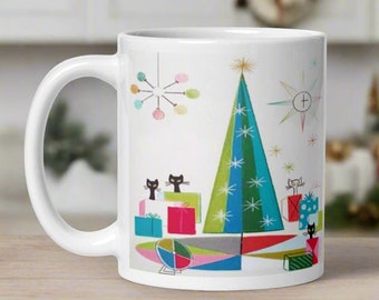 Atomic Cats Christmas Mug Tree Midcentury Retro Vintage Unique Cozy Cute Holiday Ceramic Coffee Cup Gift For Him Her Friend Era 1950s 1960s