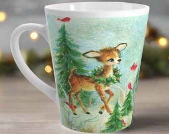 Deer Christmas Mug Baby Fawn Red Birds Woodland Retro Midcentury Vintage Ceramic Coffee Cup Unique Cozy Cute Winter Holiday Gift For Her Him