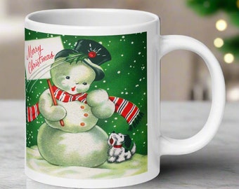 Retro Christmas Mug: Mid-Century Snowman & Puppy Holiday Decor