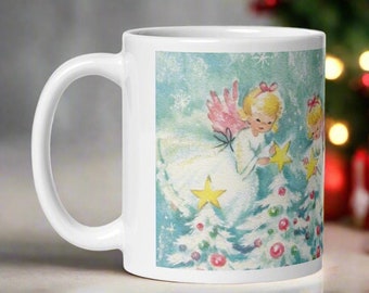 Christmas Angels Mug Pink Wings Stars Trees Pastel Midcentury Retro Vintage Ceramic Coffee Cup Unique Cozy Cute Winter Holiday Gift For Her